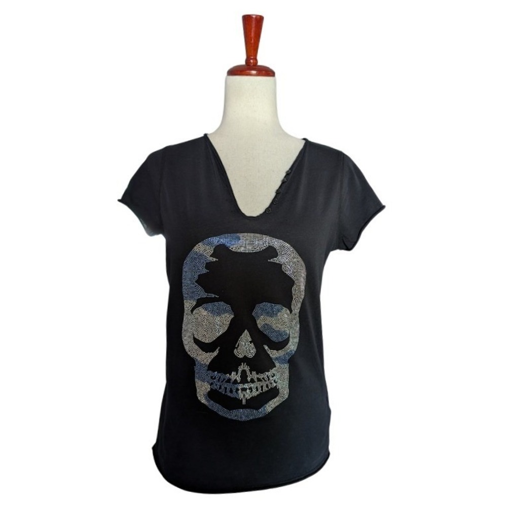 Zadig & Voltaire Tunisien Camo Skull Strass Graphic Tee Black S JWTS00058